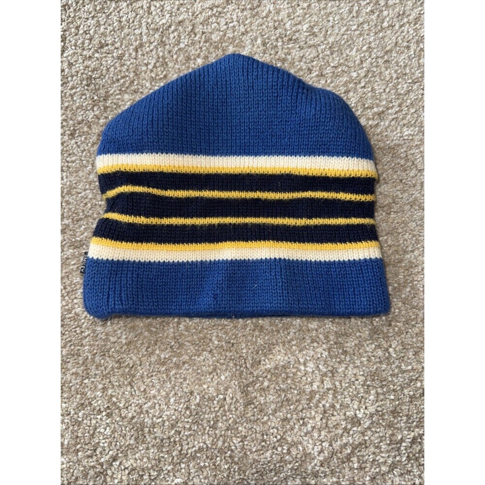 Vintage Smiley Ski Hat 100% Wool Beanie Nepal Black Yellow Blue Winter Hat
